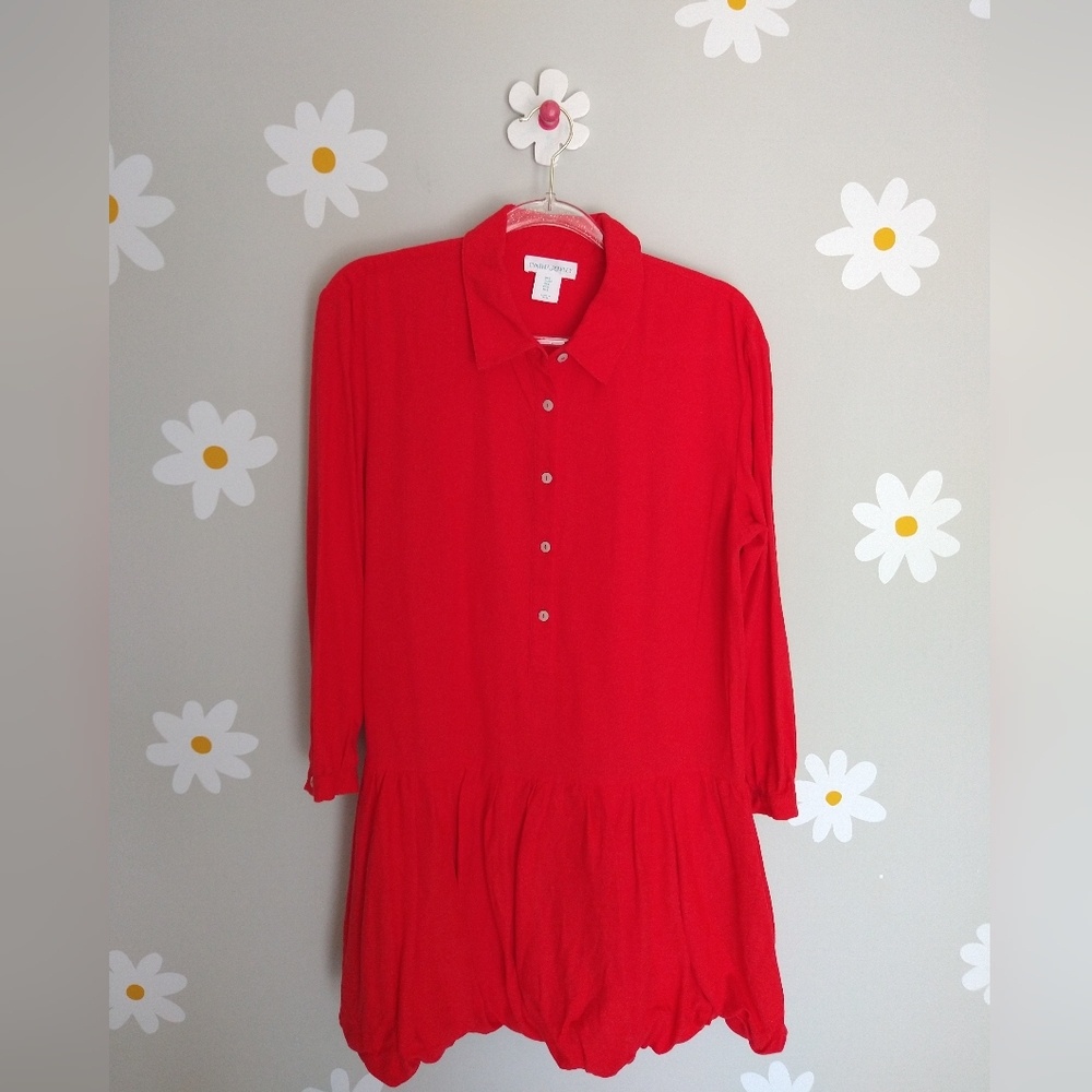 Cynthia Rowley Red Linen-Blend Button-Front Drop Waist Bubble Skirt Shirt Dress